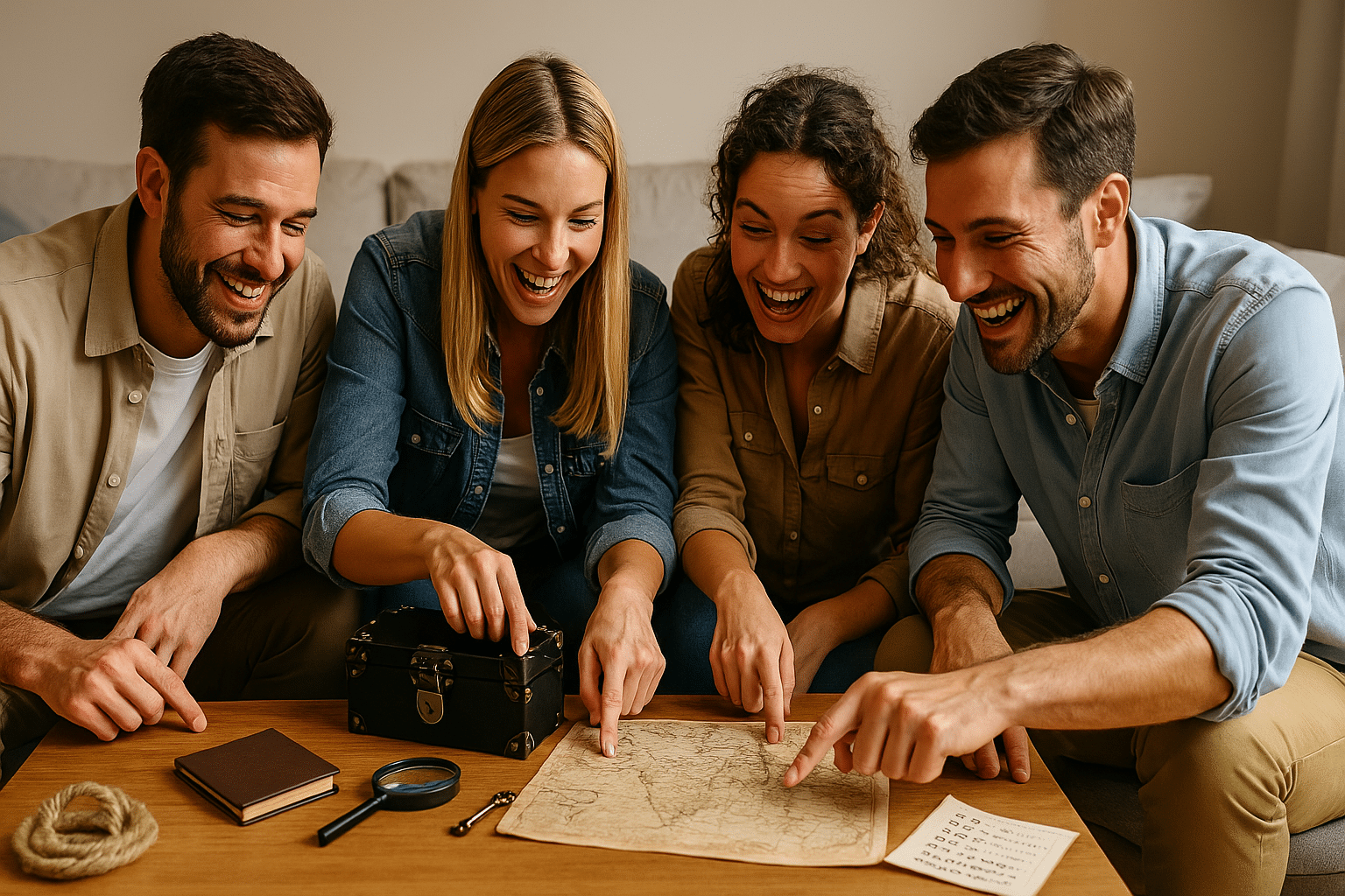 Groupe d'adultes en pleine activité d'escape game immersive avec Laeris, autour d'une carte et d'indices