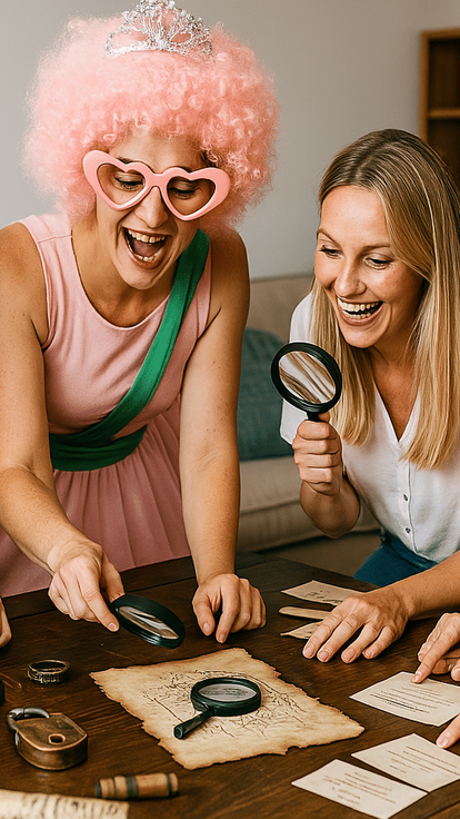 Cinq femmes résolvent des énigmes avec enthousiasme, activité EVJF insolite et fun
