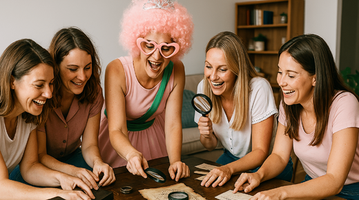 Cinq femmes résolvent des énigmes avec enthousiasme, activité EVJF insolite et fun