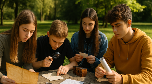Quatre adolescents examinent des indices à l’extérieur avec une loupe, escape game ludique pour écoles et BDE