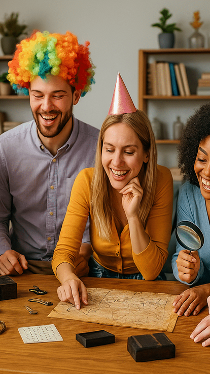 Six personnes avec des chapeaux de fête examinent une carte pour résoudre une énigme, animation escape game anniversaire adultes