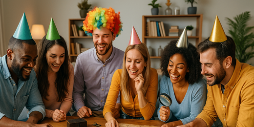 Six personnes avec des chapeaux de fête examinent une carte pour résoudre une énigme, animation escape game anniversaire adultes