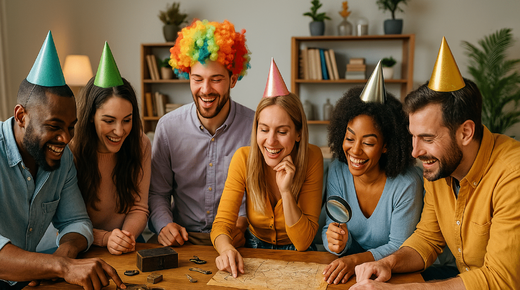 Six personnes avec des chapeaux de fête examinent une carte pour résoudre une énigme, animation escape game anniversaire adultes