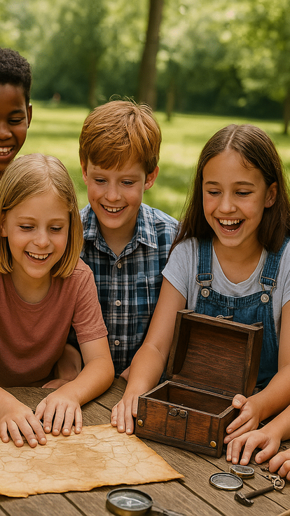 Des enfants et un adulte examinent des parchemins et autres indices. Activité escape game ludique et coopérative pour écoles et BDE