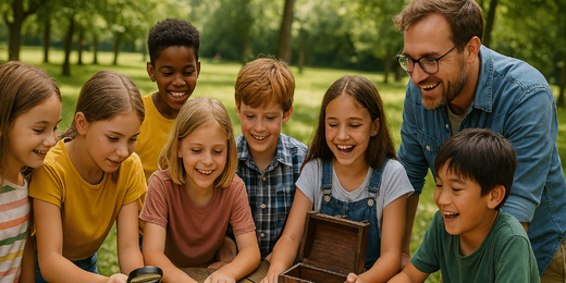 Des enfants et un adulte examinent des parchemins et autres indices. Activité escape game ludique et coopérative pour écoles et BDE