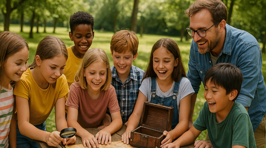 Des enfants et un adulte examinent des parchemins et autres indices. Activité escape game ludique et coopérative pour écoles et BDE
