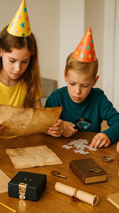 Des enfants en chapeaux étudient des cartes et des énigmes. Animation anniversaire enfant et adolescent, escape game original et ludique