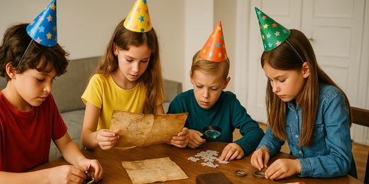 Des enfants en chapeaux étudient des cartes et des énigmes. Animation anniversaire enfant et adolescent, escape game original et ludique