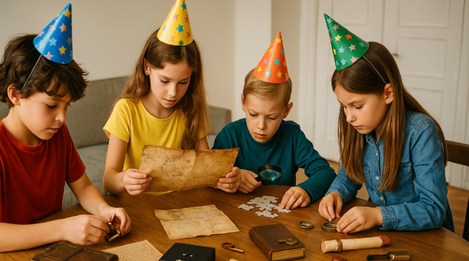 Des enfants en chapeaux étudient des cartes et des énigmes. Animation anniversaire enfant et adolescent, escape game original et ludique
