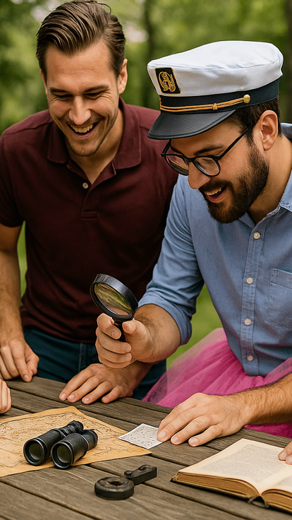 Quatre hommes autour d'une table, parc verdoyant, activité EVG original et insolite