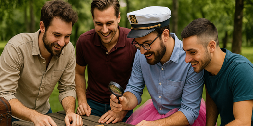 Quatre hommes autour d'une table, parc verdoyant, activité EVG original et insolite
