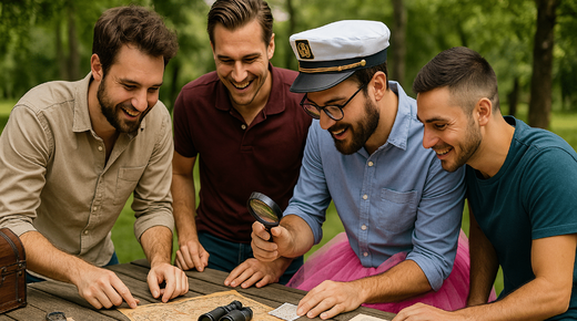 Quatre hommes autour d'une table, parc verdoyant, activité EVG original et insolite