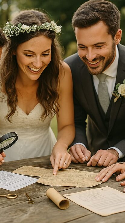 Quatre personnes sourient autour d'une table en examinant des documents d'énigmes, activité mariage escape game insolite et surprenante