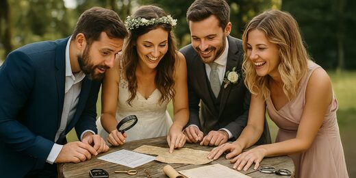 Quatre personnes sourient autour d'une table en examinant des documents d'énigmes, activité mariage escape game insolite et surprenante