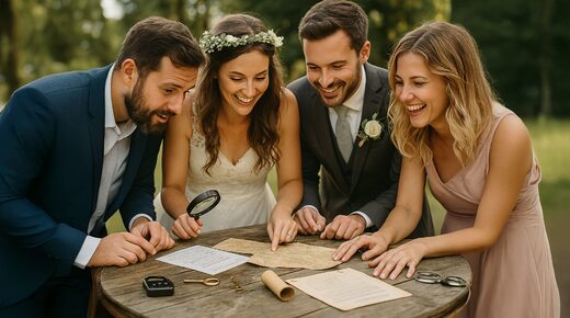 Quatre personnes sourient autour d'une table en examinant des documents d'énigmes, activité mariage escape game insolite et surprenante