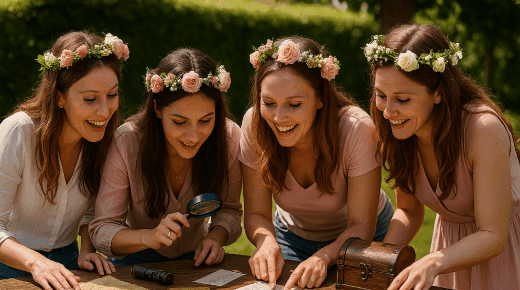 Quatre femmes examinant des documents d'énigmes, activité mariage escape game insolite et surprenante