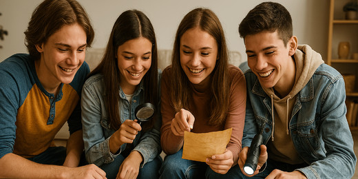 Quatre jeunes examinant carte et objets d'aventure. Activité escape game ludique et coopérative pour écoles, collèges et lycées