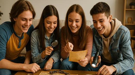 Quatre jeunes examinant carte et objets d'aventure. Activité escape game ludique et coopérative pour écoles, collèges et lycées